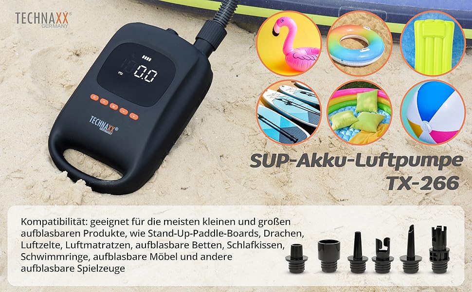 Технакс SUP-насос акумуляторний з Powerbank TX-266 7500 mAh, автоматичний вимкнення, 2 LED, USB-C, 12V, для надувних водних видів спорту