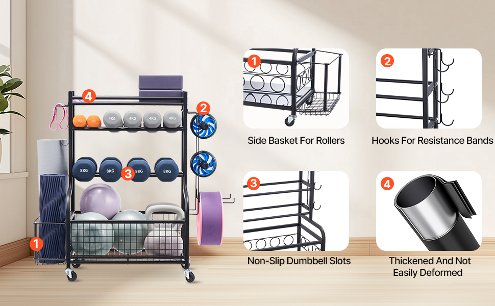 Стенд для зберігання та підтримки йогаматів та гантелей VEVOR - мобільний, з колесами та гачками, для домашніх тренувань