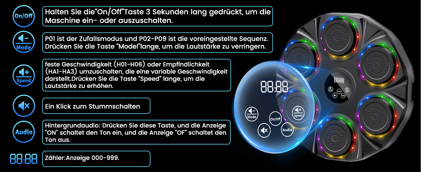Музичний бокс-машина semai з LED, Bluetooth, 9 режимів швидкості, лічильник ударів, для тренувань та зняття стресу, 7 кольорів, для дітей і дорослих