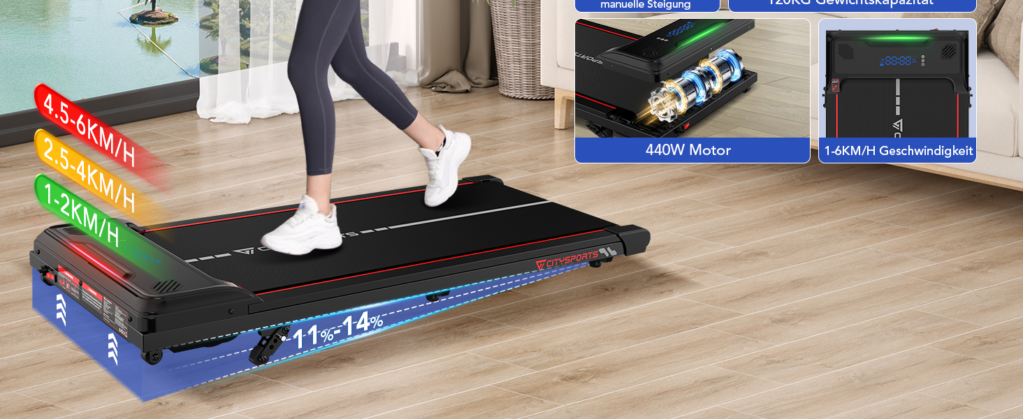 CITYSPORTS Біговий тренажер з регулюванням нахилу, WalkingPad з LED-дисплеєм та світловим ефектом, швидкість 1-6 км/год, для дому та офісу, з пультом керування (Червоний)