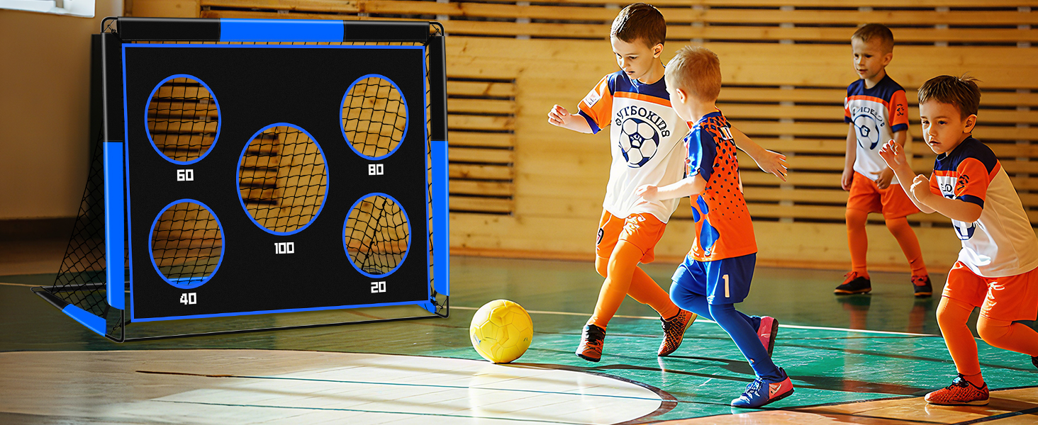 Дитячі ворота для футболу 2-в-1, 150 x 120 см, переносні та стабільні, з 5 цілями, 4 земляні кілочки та сумка, для саду, парку, пляжу (блакитні)