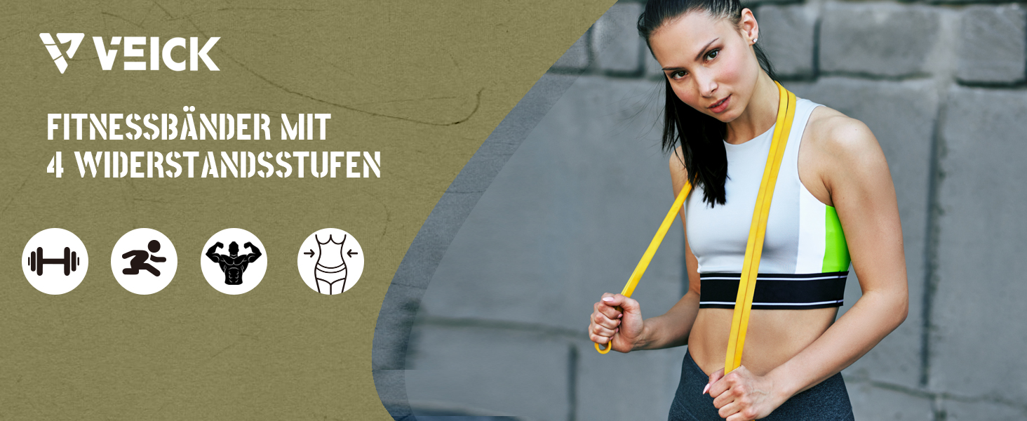 Набір еластичних стрічок для фітнесу VEICK: для калістеніки, пілатесу, фітнесу. Кольори: фіолетовий, чорний, червоний, жовтий