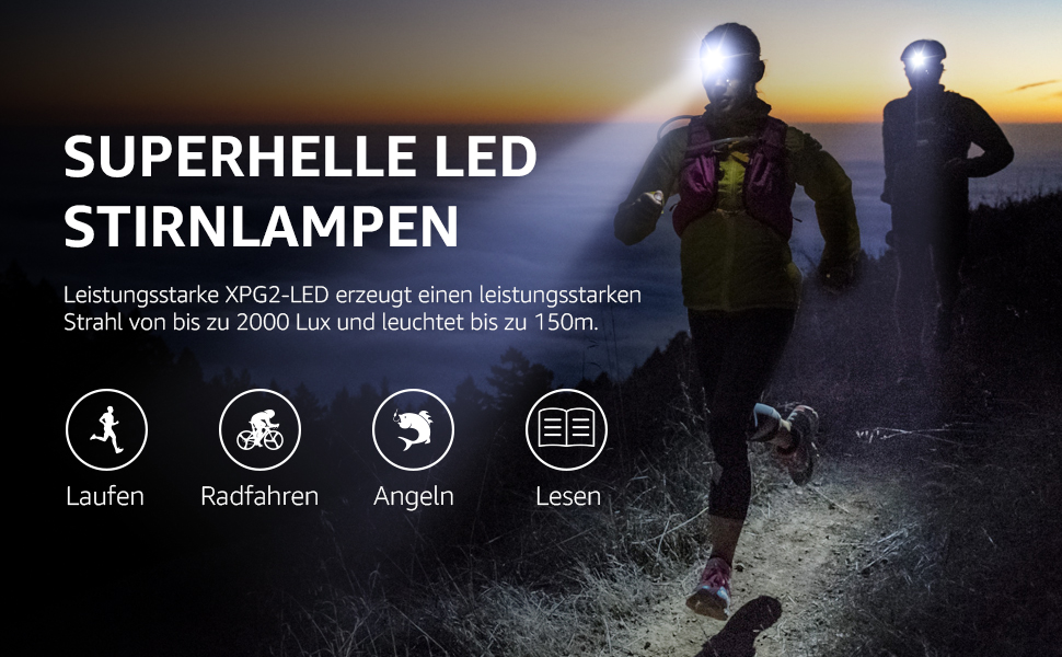 LED налобний ліхтар Lepro, 2000 люкс, перезаряджається, з червоним світлом, 6 режимів, водонепроникний IPX4, для кемпінгу та бігу, чорний, 2 шт. (з USB кабелем)