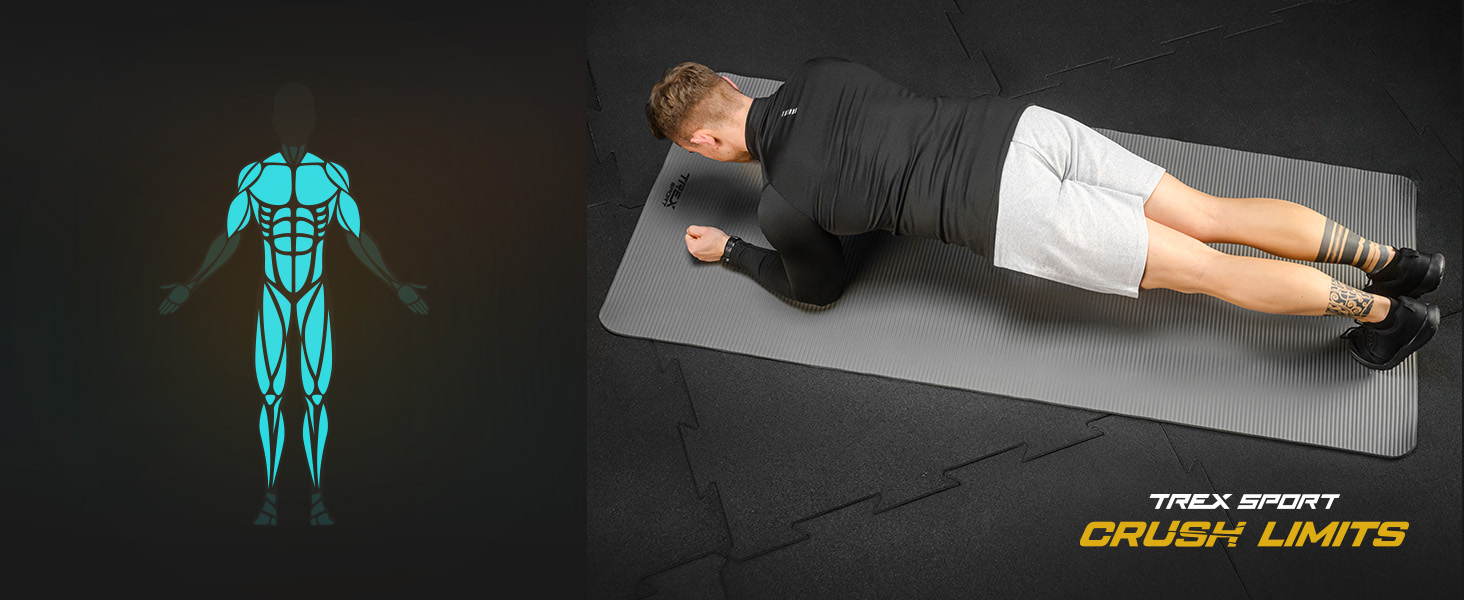 TREX SPORT Килимок для гімнастики та фітнесу | Товстий та м'який, 190x80x1 см, з ручкою для перенесення, неслизький, сірий | Килимок для йоги