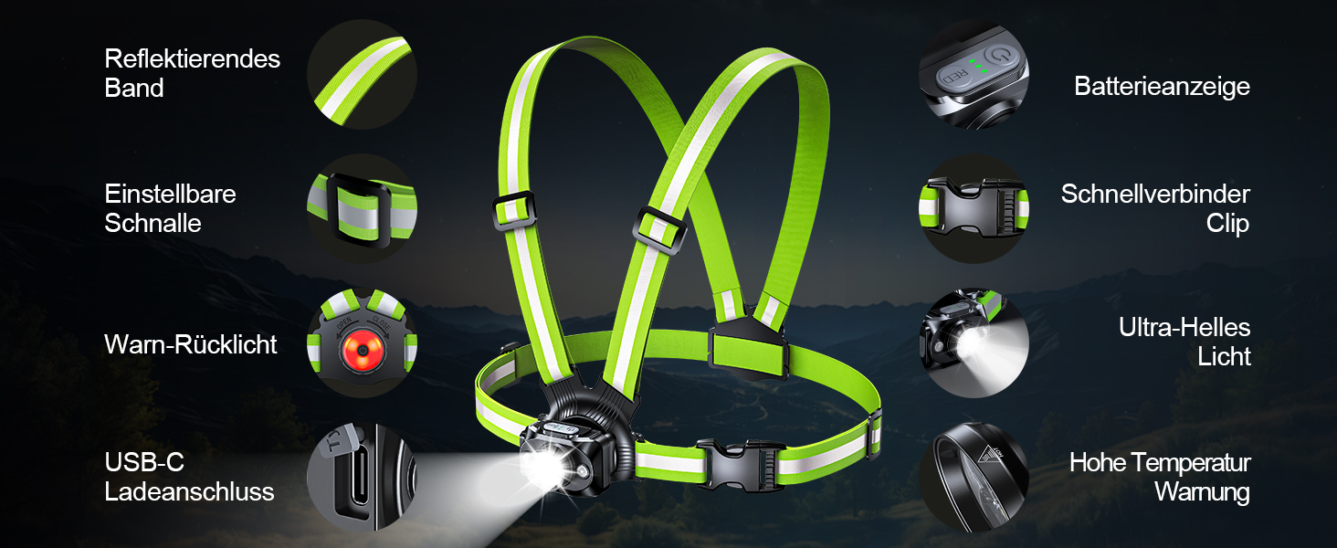 Лампа для бігу Lauflampe Joggen: нагрудна лампа з проблисковим світлом, 500 люмен, кут нахилу 45°, 2 кольори світла, USB-C, IPX4, подвійний ремінь з 360° світловідбивачами для кемпінгу, активного відпочинку, велоспорту (без заднього ліхтаря)