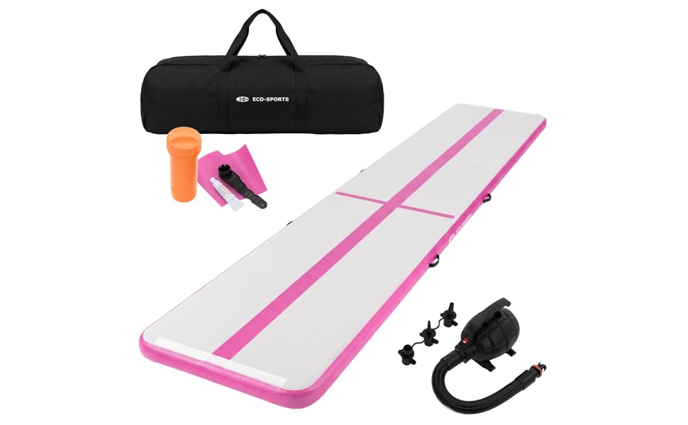 Гімнастичний мат Airtrack ECD Germany для тумблінгу та фітнесу, надувний повітряний тренажер (500 x 100 x 10 см), рожевий, з електричним насосом та сумкою