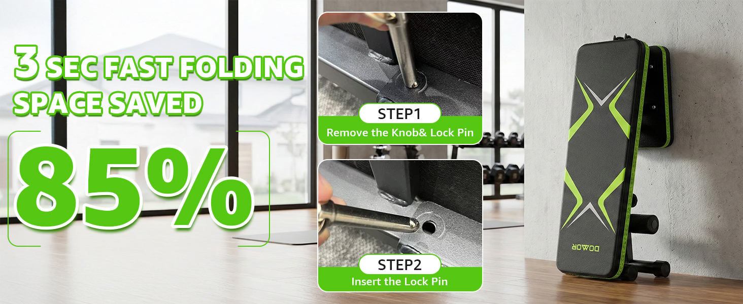 Складана лавка для тренувань з обтяженнями 330LBS, багатофункціональна, для дому, фітнесу, прес, зі змінним нахилом, зелена