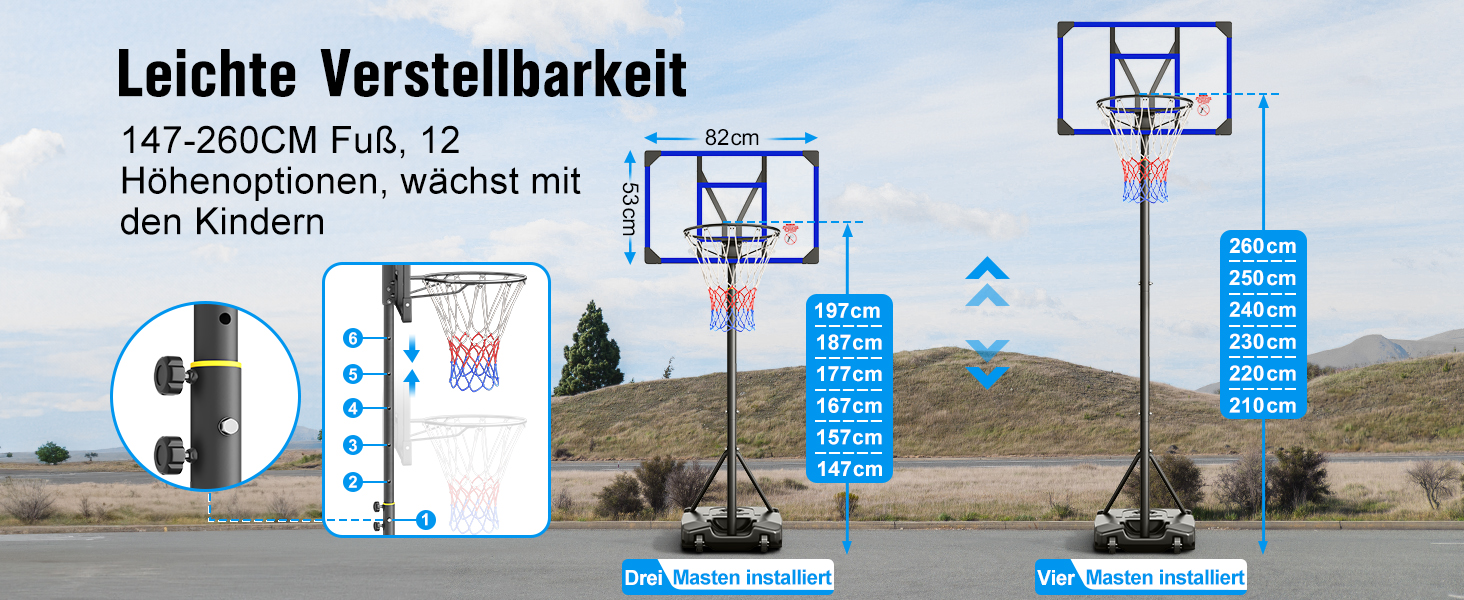 Баскетбольний кошик Outdoor зі стійкою, регульована висота 147-260 см, міцна задня стінка 82x53 см, збільшений діаметр основи та колеса, для гри в приміщенні та на вулиці (Блакитний)