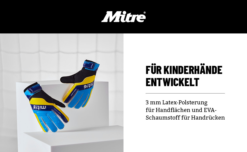 Воротарські рукавички Mitre Magnetite Junior 4 Schwarz/Blau/Gelb – зручні дитячі рукавички для гри