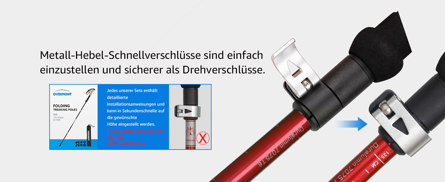 Туристичні палиці Overmont карбон, надлегкі складні регульовані 105-125 см трекінгові палиці для скандинавської ходьби 1 пара з усіма аксесуарами для бездоріжжя (7075 алюміній, червоний)