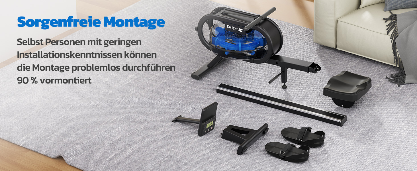 Водне тренажер-гребля Dripex для дому, до 150 кг, Bluetooth, LCD, тримач для планшету