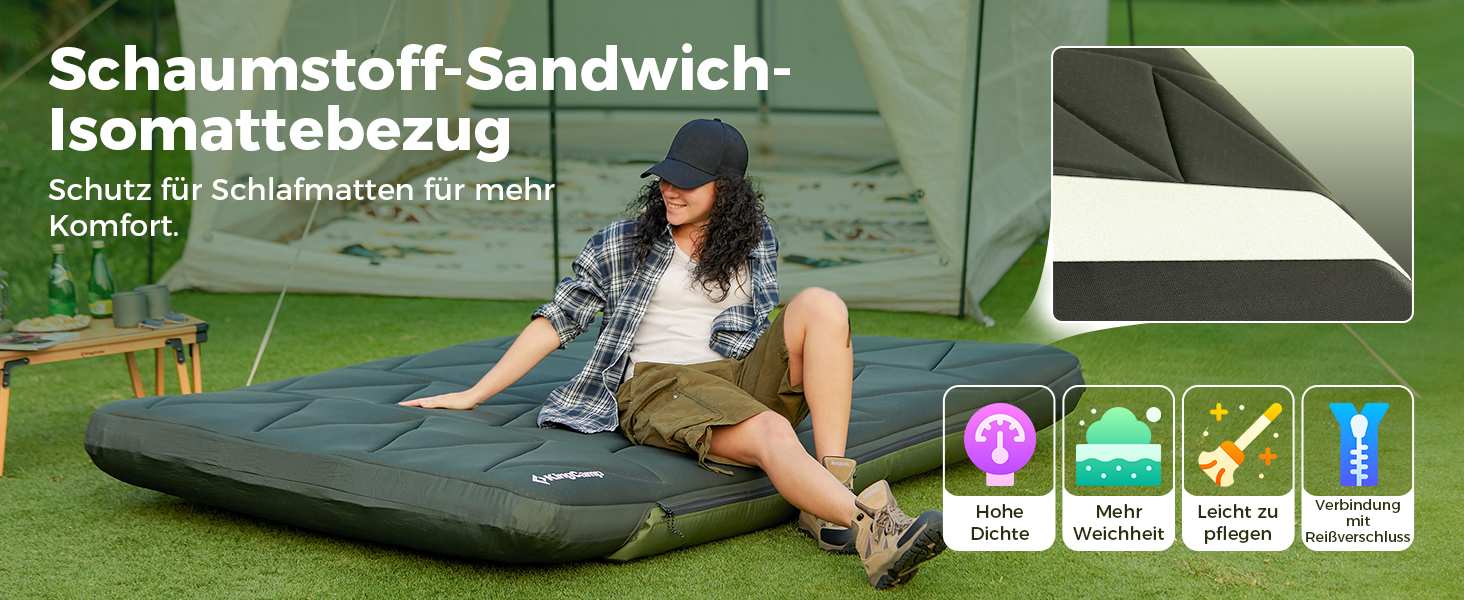 KingCamp килимок для кемпінгу 10см з Memory Foam R4.9, 4-сезонний надувний килимок, швидко надувається (90 сек), для подорожей, автокемпінгу (подвійний, зелений)