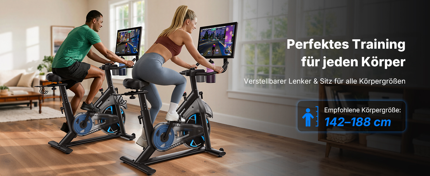 Велотренажер MERACH з магнітним опором, тихий, з покращеним амортизованим сидінням, власний додаток, стабільний H-фрейм, до 150 кг, блакитний з екраном