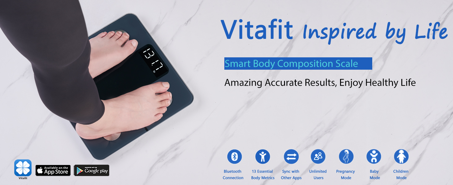 Персональні ваги Vitafit Body Fat Scale з додатком 180 кг, шкала складу тіла з Bluetooth, ваги для людей з жиром і м'язовою масою, ІМТ, білок, BMR, чорна шкала жиру в організмі чорна