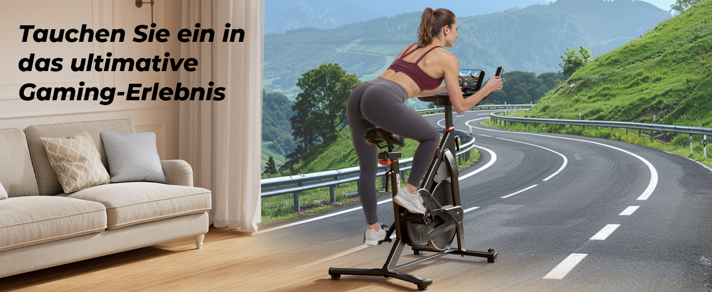 Велотренажер для дому Superun з APP, магнітний опір, 15 кг маховик, ультратихий, чорний