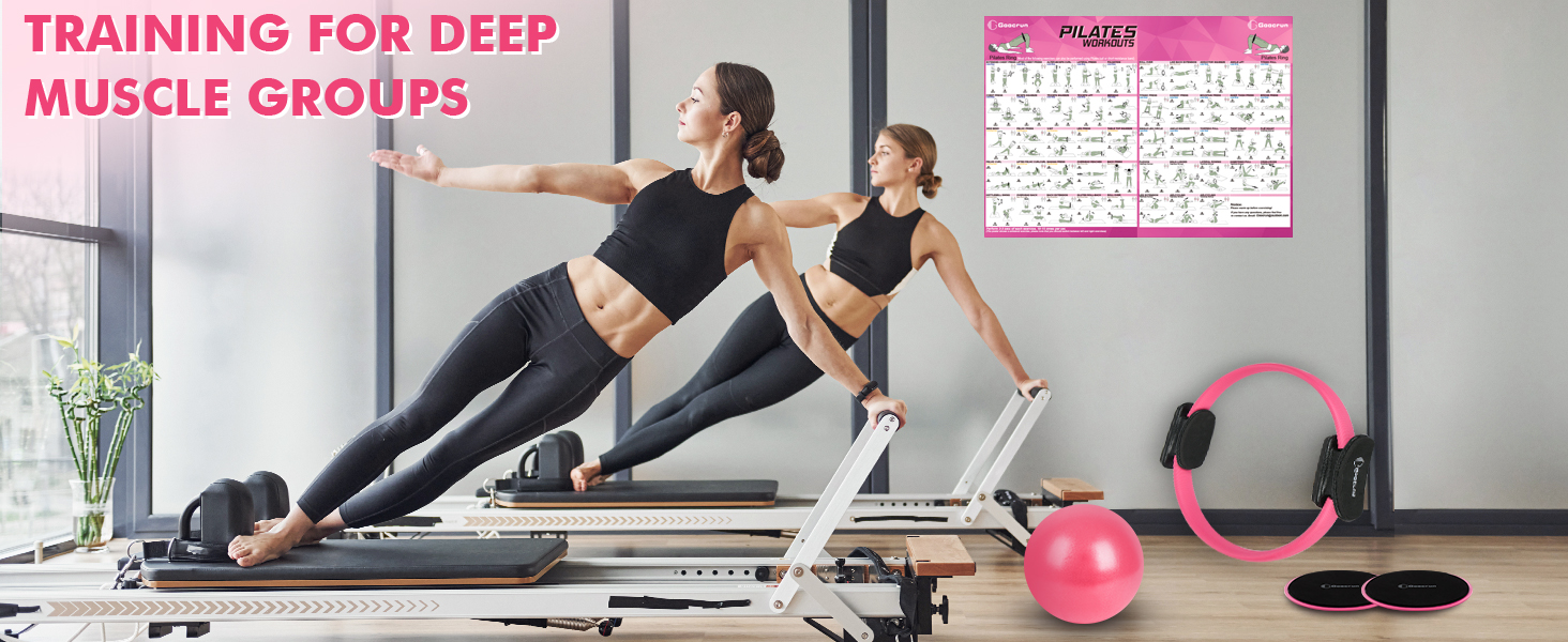 Pilates Ring Set Goocrun: кільце для пілатесу, еспандер, м'яч та слайдери для домашніх тренувань. Рожевий колір.