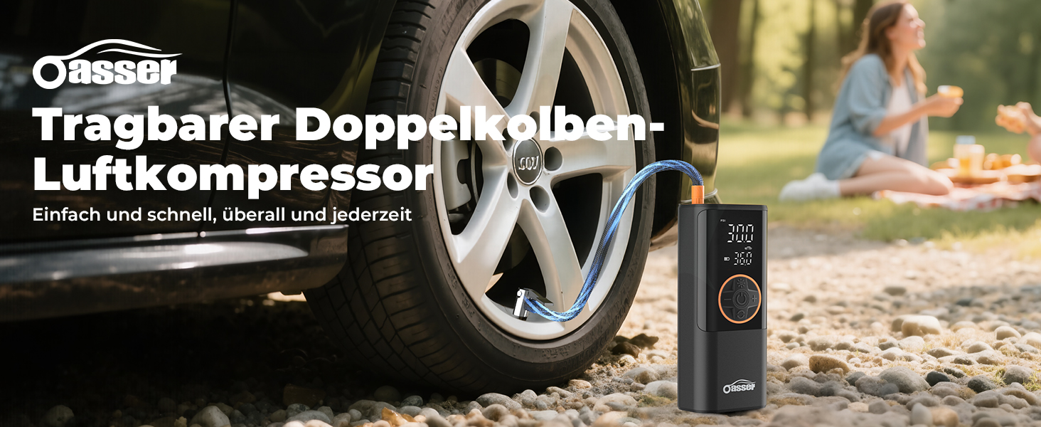 Електричний компресор Oasser з акумулятором 6000mAh, 150 PSI, з двома дисплеями, для авто, мото, велосипеда, м'ячів, подорожей та кемпінгу