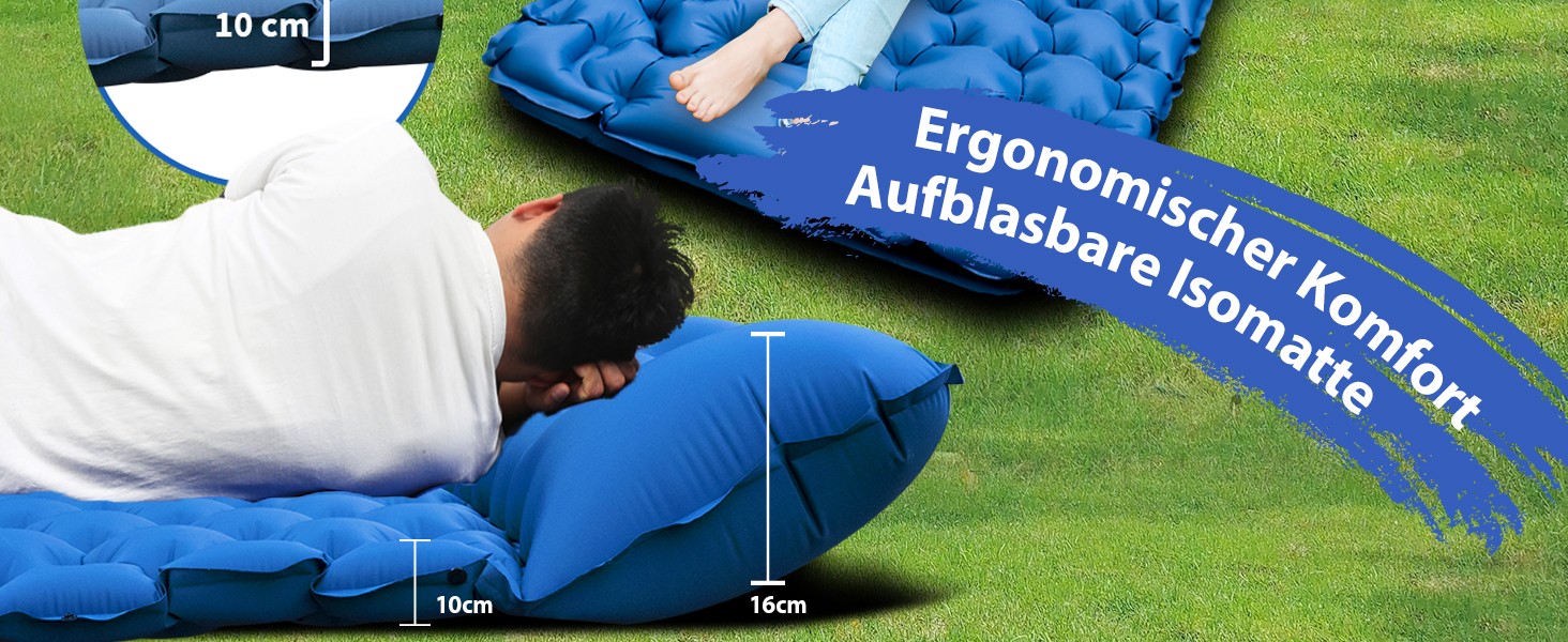 Каремат надувний HiiPeak Isomatte самонадувний туристичний, з інтегрованими подушками, блакитний, з насосом