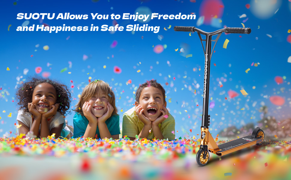 SUOTU Професійний стент-скутер, 360° кермування, роликовий скейт з колесами 110 мм 85A PU, для дітей, підлітків та дорослих, вантажопідйомність 100 кг, алюміній, чорний – золотий