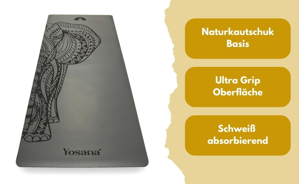 Килимок для йоги Yosana з натурального каучуку надзвичайно не ковзає Поверхня ULTRA GRIP з ECO PU дуже широка 68см включаючи ремінь для перенесення Килимок для йоги 183х68см Тонкий 4 мм (сірий слон з ремінцем для перенесення)