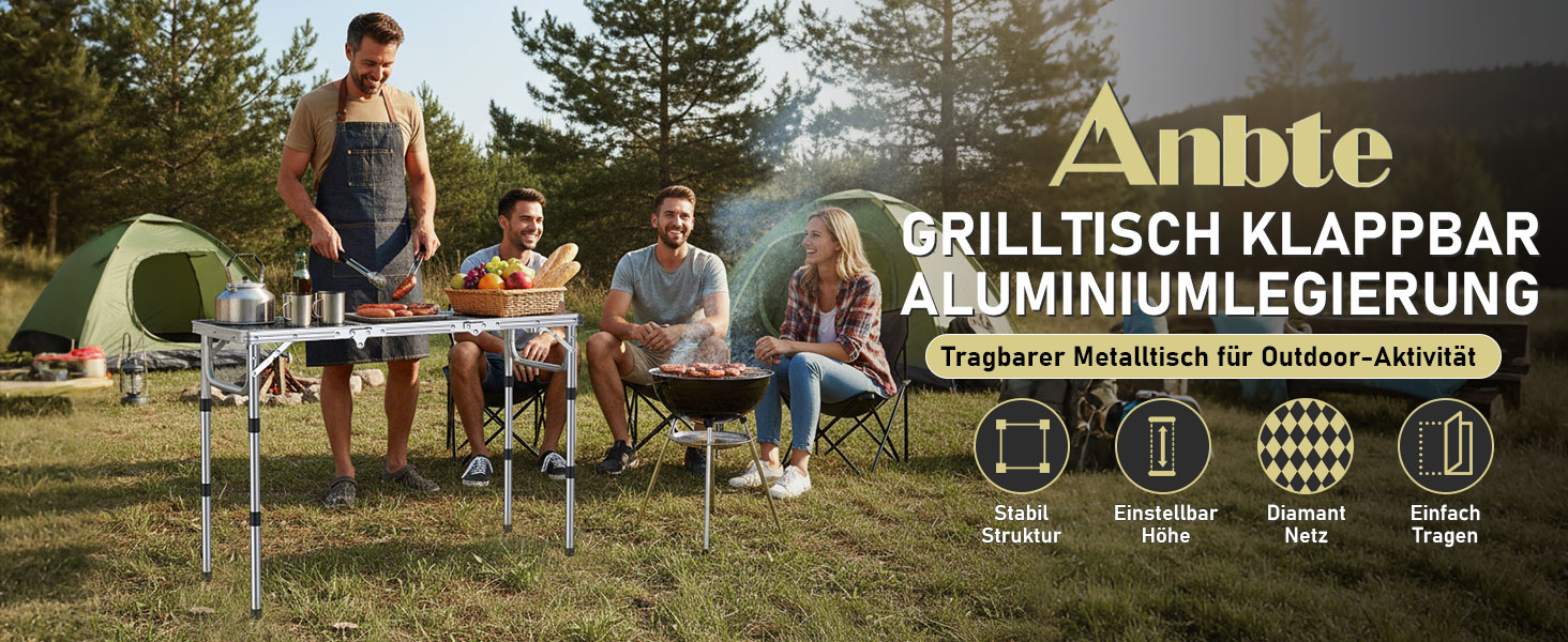 Стіл для кемпінгу Anbte Grilltisch 58x40 см, алюмінієвий каркас, регульована висота (26/48/70 см), складаний, для пікніка, BBQ, саду, балкону (срібний)