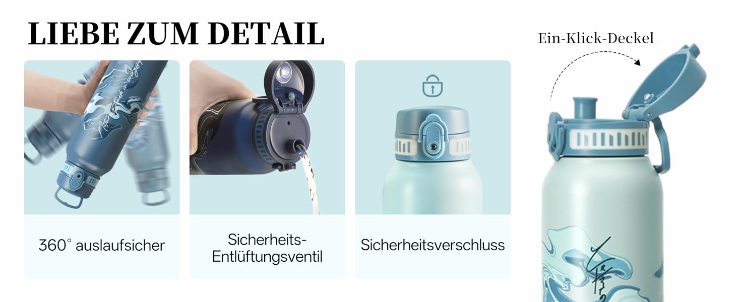 Термос-пляшка UZSPACE 1л (970мл) з нержавіючої сталі, ізольована, з 1-клік відкриванням, без витоку, для спорту, фітнесу, подорожей, зелений