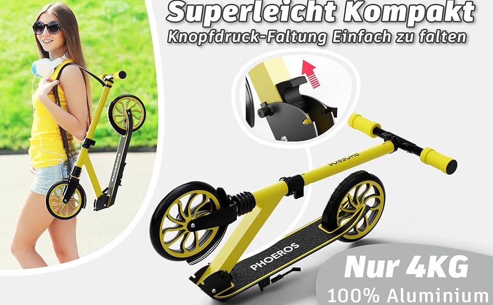 Дитячий трюковий самокат PHOEROS для дітей та дорослих, 6-12 років, складний, з амортизацією, жовтий