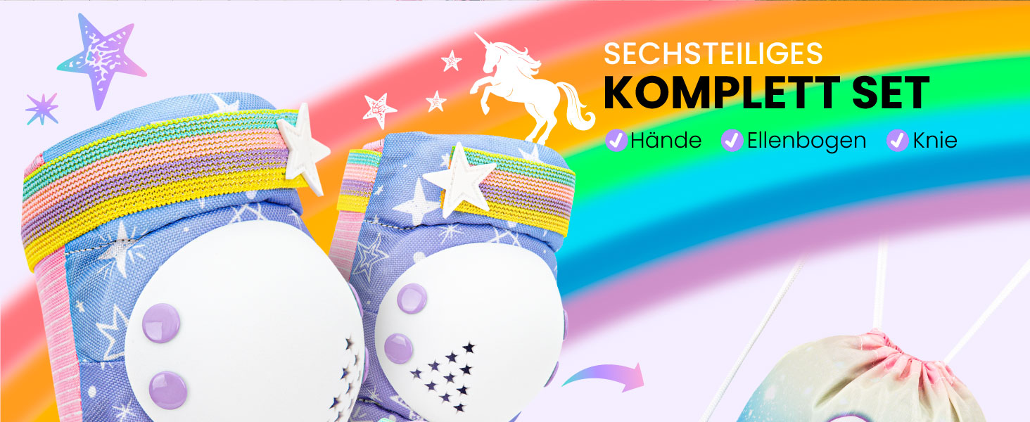 Дитячий захисний набір 99FLIPS з сертифікатом TÜV Rheinland GS, 6 предметів – наколінники, налокітники, захист для зап'ясть, з мішечком-єдинорогом для скейтборду та роликів