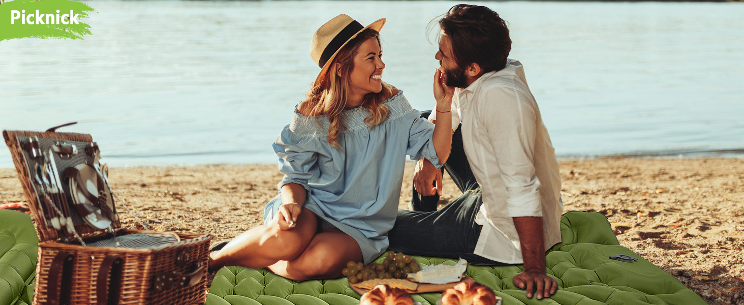 MEIJO Килимок для кемпінгу самонадувний, ізомат, туристичний килимок, Ultraleicht з насосом для ніг, товстий, для відпочинку на природі, у наметі, на пляжі, блакитний & сірий (зелений & сірий)