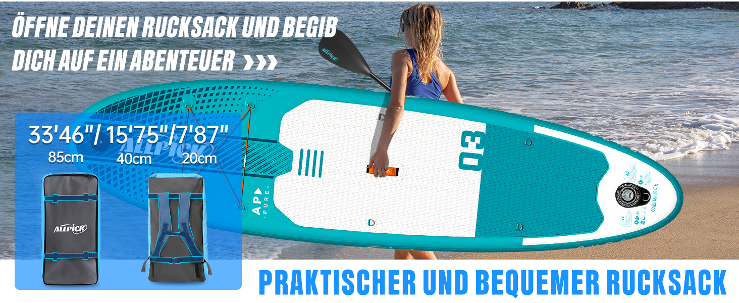 Надувний SUP-борд ALLPICK Premium Set: Комплектація для SUP-серфінгу, камера, аксесуари, регульоване весло, 200 кг, серо-зелений