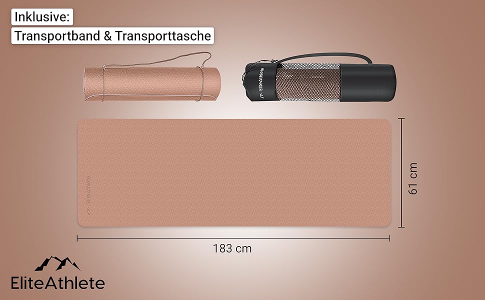 Килимок для йоги EliteAthlete - Спортивний килимок - Килимок для фітнесу - гімнастичний килимок з м'якою підкладкою та нековзним покриттям для фітнесу, для пілатесу - килимок для йоги - 183 см x 61 см x 0,6 см - Тренувальний килимок з транспортним ременем сумка (затишний коричневий - кремовий)