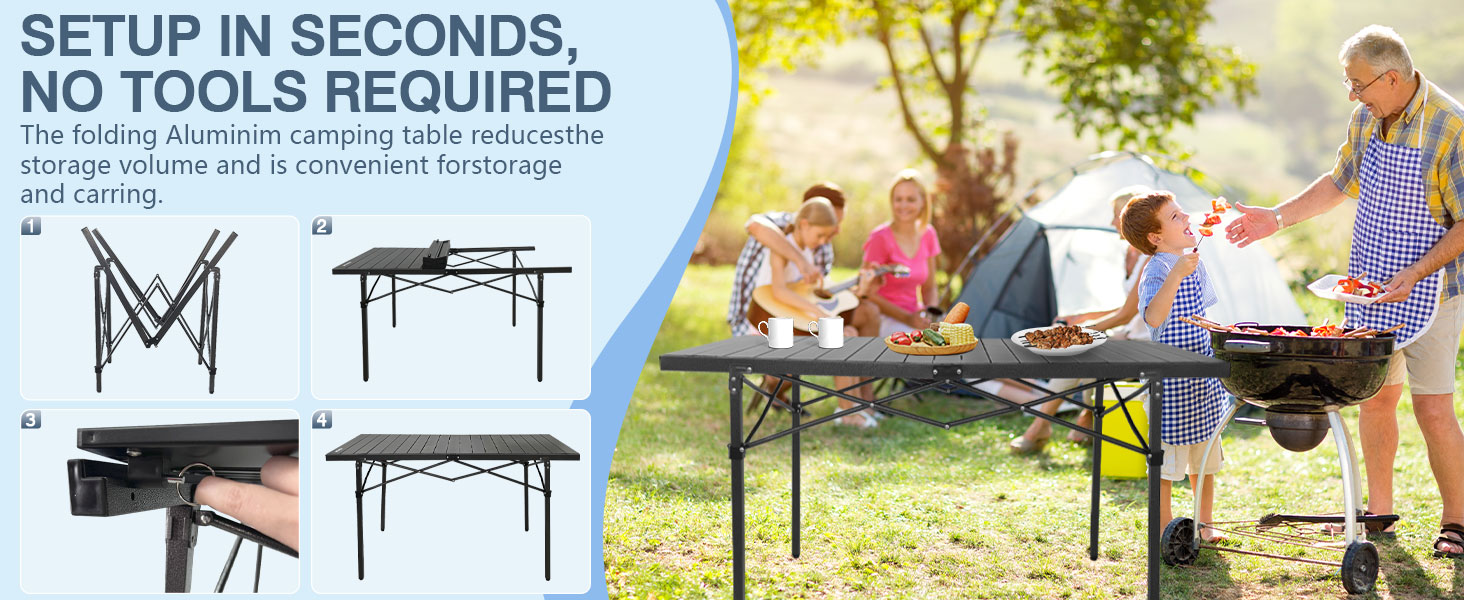 Стіл для кемпінгу Poeopore, розкладний, алюміній, великий, на 4-6 осіб, чорний, 140 x 70 x 70 см