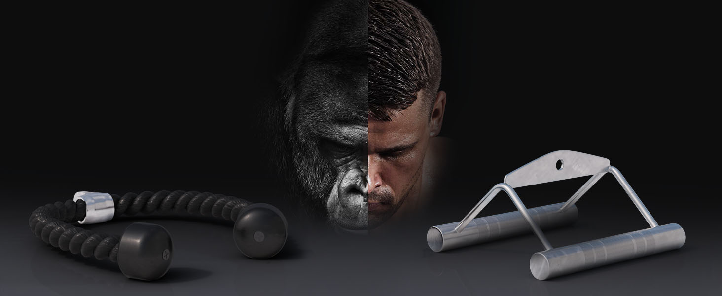 GORILLA SPORTS® набір рукояток для тяги, тросовий та трицепсовий, з/без обертального механізму, окремо або в наборі, хромований, насічка, до 200 кг, паралельний, для блочного тренажера