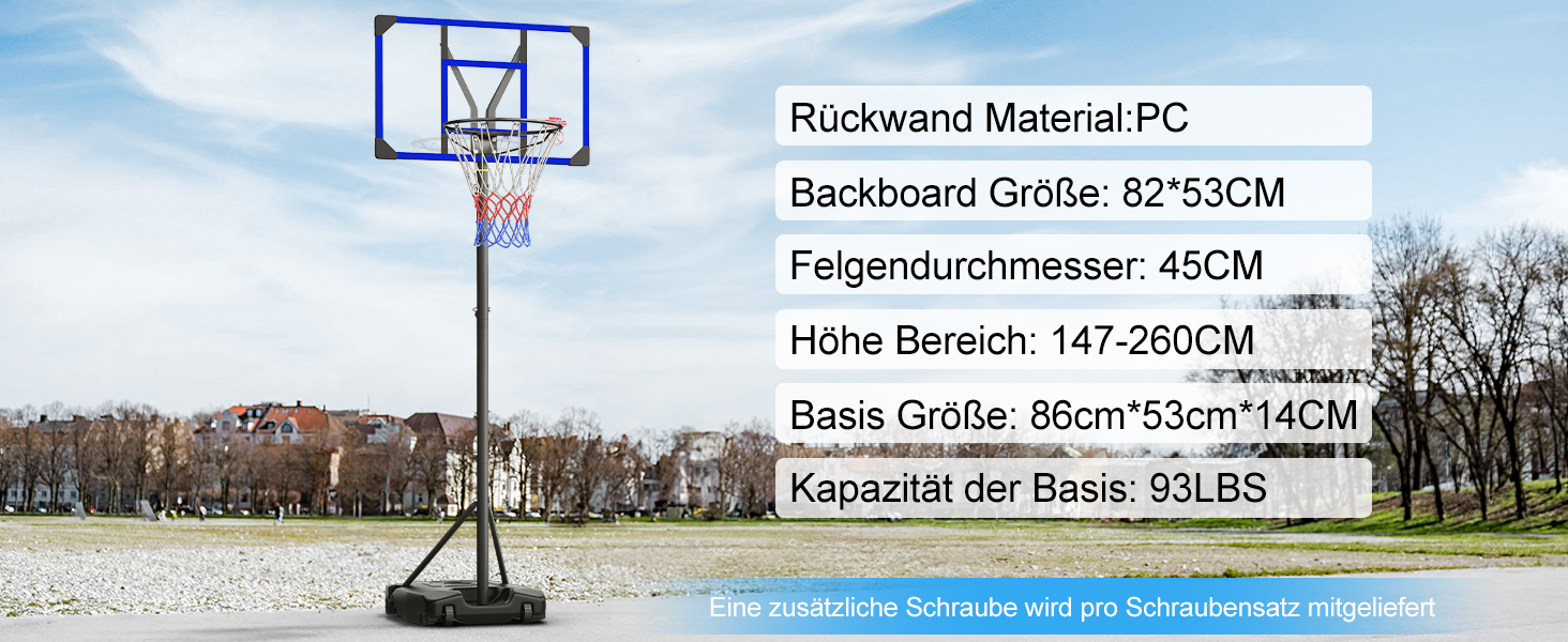 Баскетбольний кошик Outdoor зі стійкою, регульована висота 147-260 см, міцна задня стінка 82x53 см, збільшений діаметр основи та колеса, для гри в приміщенні та на вулиці (Блакитний)