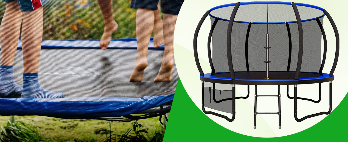Трамплін Devoko Outdoor: Ø 228/305/366/427 см, сертифікат TÜV Rheinland GS, з сіткою безпеки, для саду, з драбиною та мішком для взуття, блакитний