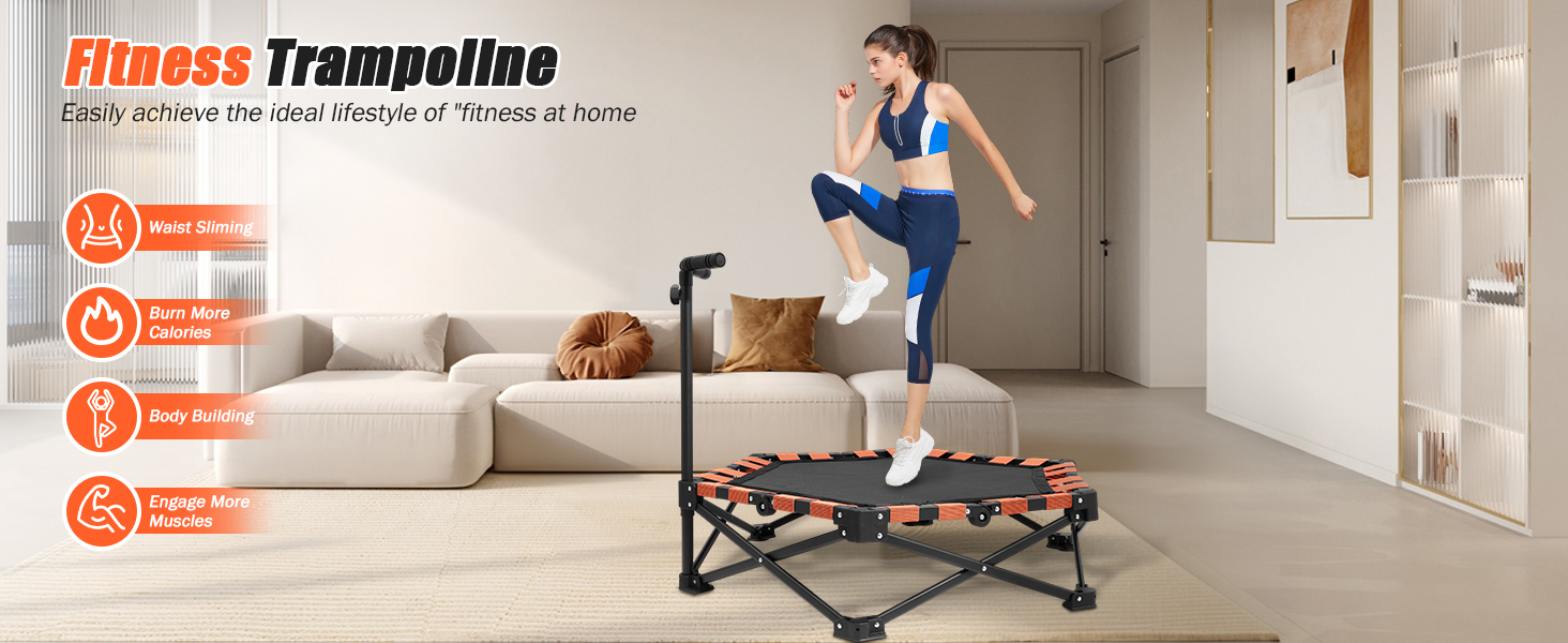 Міні-трамплін складний, вантажопідйомність 150 кг, портативний тренажер-відскочистий трамплін з регульованою ручкою з піни 41/42/45 дюймів, для дорослих та дітей, чорний/оранжевий