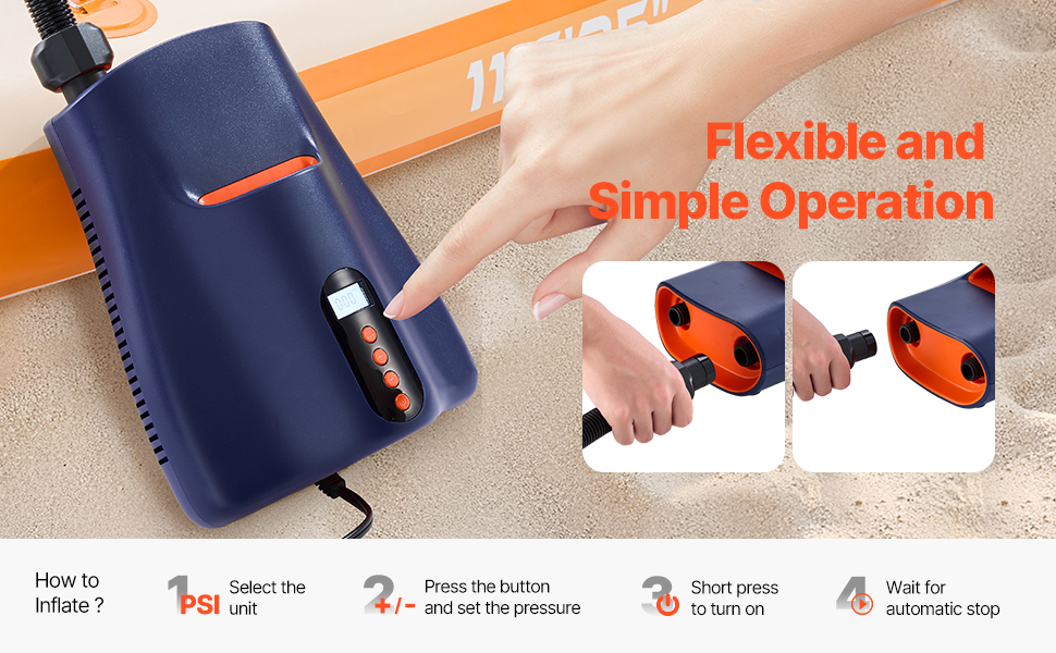 Електрична SUP-насос VEVOR з USB-виходом, 22 PSI, з LED-підсвічуванням та автоматичним вимкненням. Ідеально для надувних SUP-дошок, наметів та інших надувних виробів.