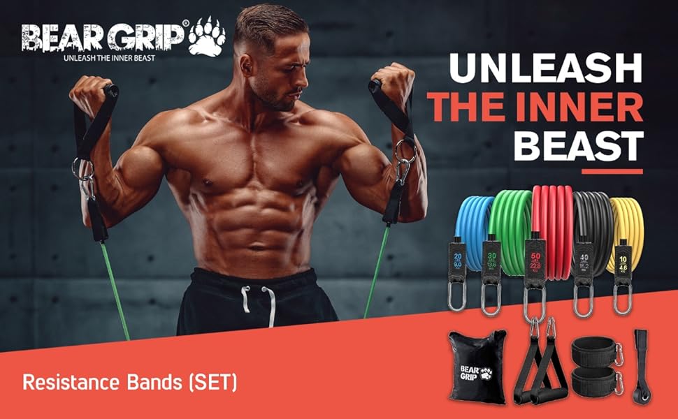 Набір BEAR GRIP: 11 опірних фітнес-стрічок з ручками, дверним якорем і сумкою для домашніх тренувань