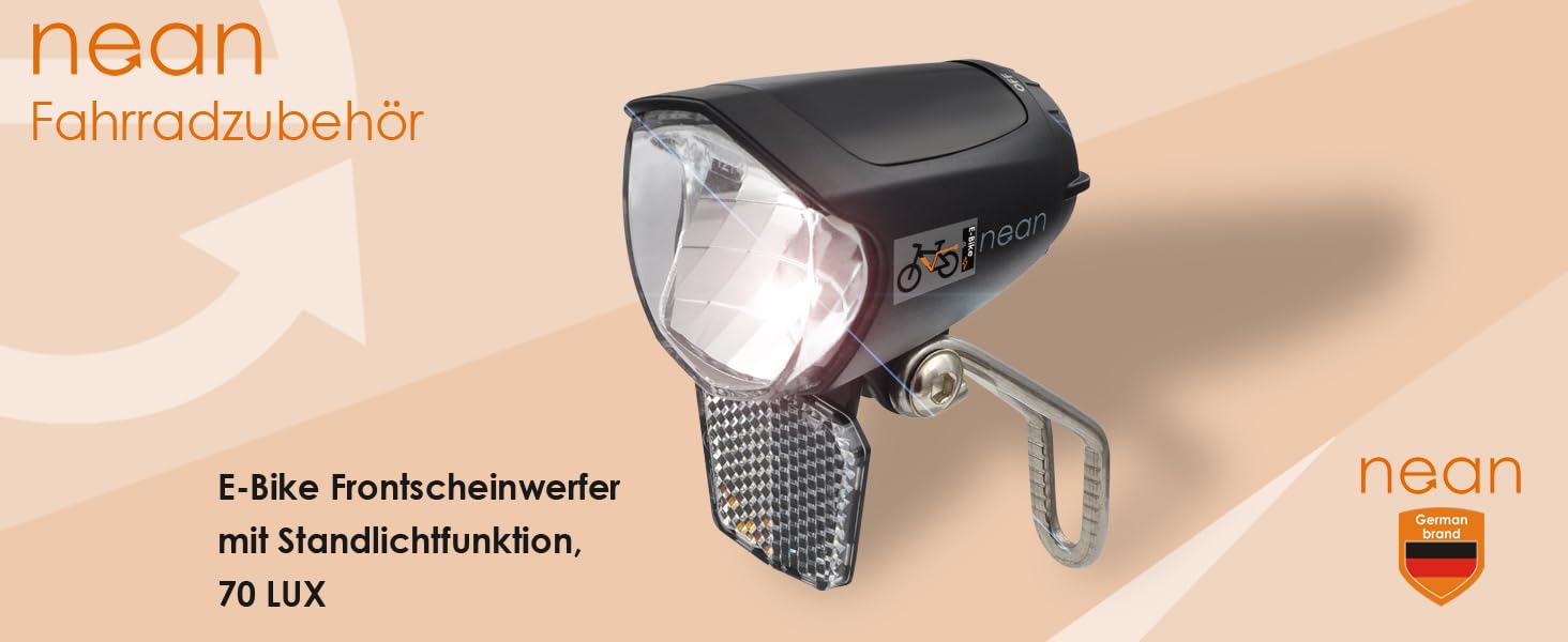 LED передня фара для електровелосипеда nean E-Bike 70 LUX з рефлектором, алюмінієвим радіатором та сертифікацією StVZO, чорна