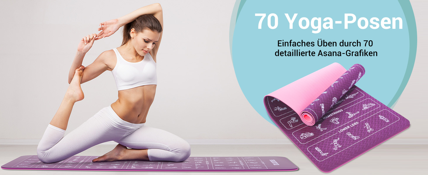 Килимок для йоги Sportmatte – 70 з друкованими позами йоги, неслизький матеріал TPE, для гімнастики, пілатесу, дому та подорожей, фітнес килимок для жінок та чоловіків, 181x63x0,6 см, рожевий та фіолетовий