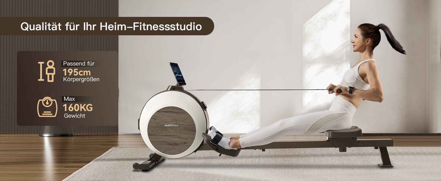 MOBI FITNESS: Горизонтальний тренажер для дому з магнітним опором, 40 рівнів, максимальне навантаження 160 кг, LED-дисплей (сумісний з Apple Watch)