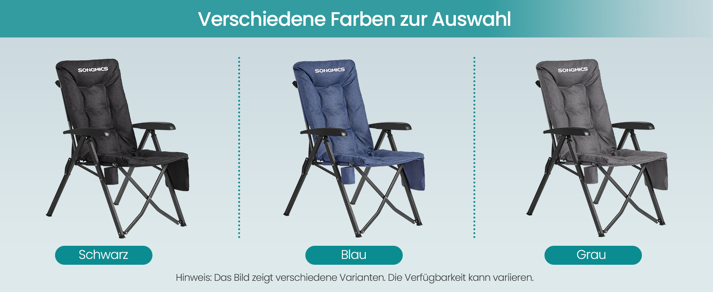 Складний туристичний стілець SONGMICS для відпочинку та риболовлі, чорний, з регульованою спинкою 95°-150°, з підстаканником та кишенею