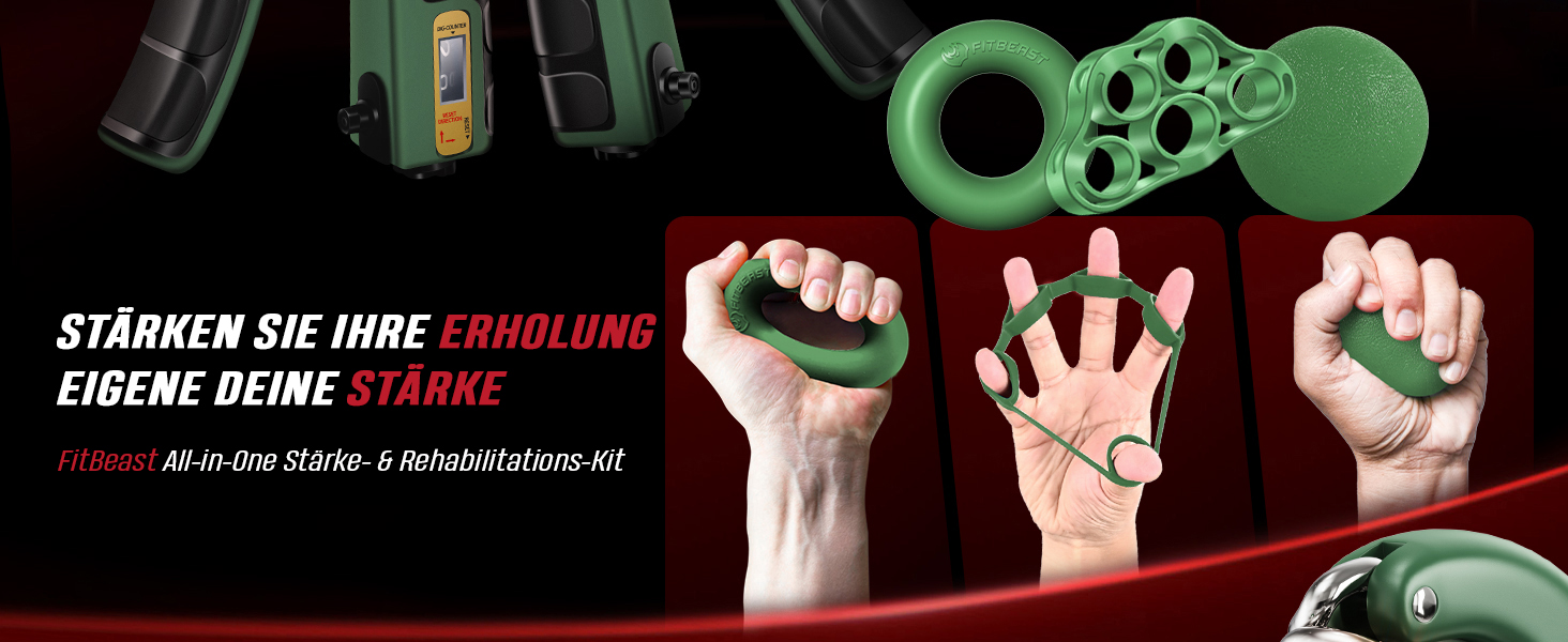 FitBeast Набір для тренування рук (5 шт.): підручники для підручників, фінгердехнери, м'яч для хвата, антистресовий м'яч для спортсменів (темно-зелений)