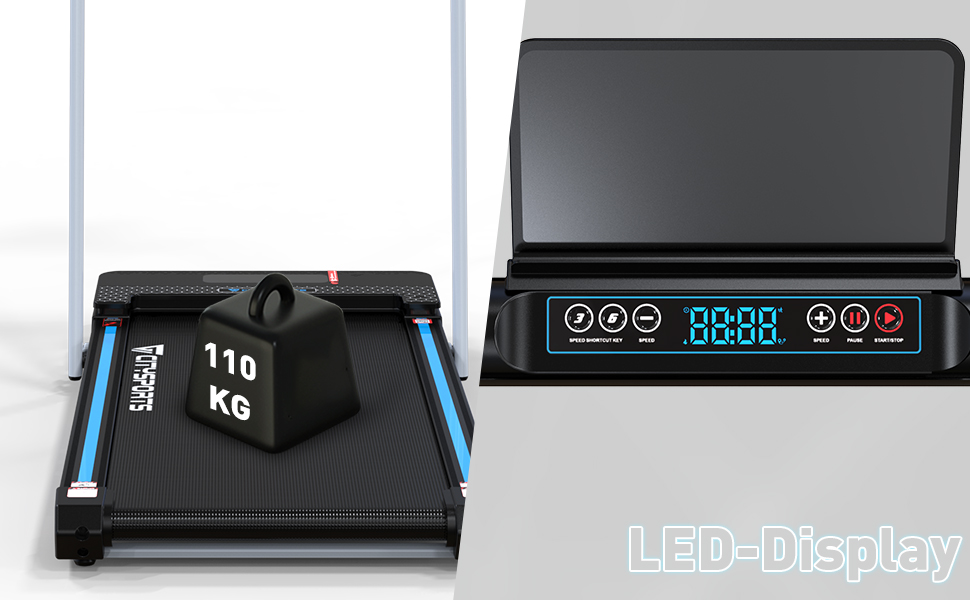 CITYSPORTS Складне електричне бігове полотно WP3 з підлокітниками, Bluetooth та аварійною зупинкою, швидкість до 12 км/год, чорно-синій колір