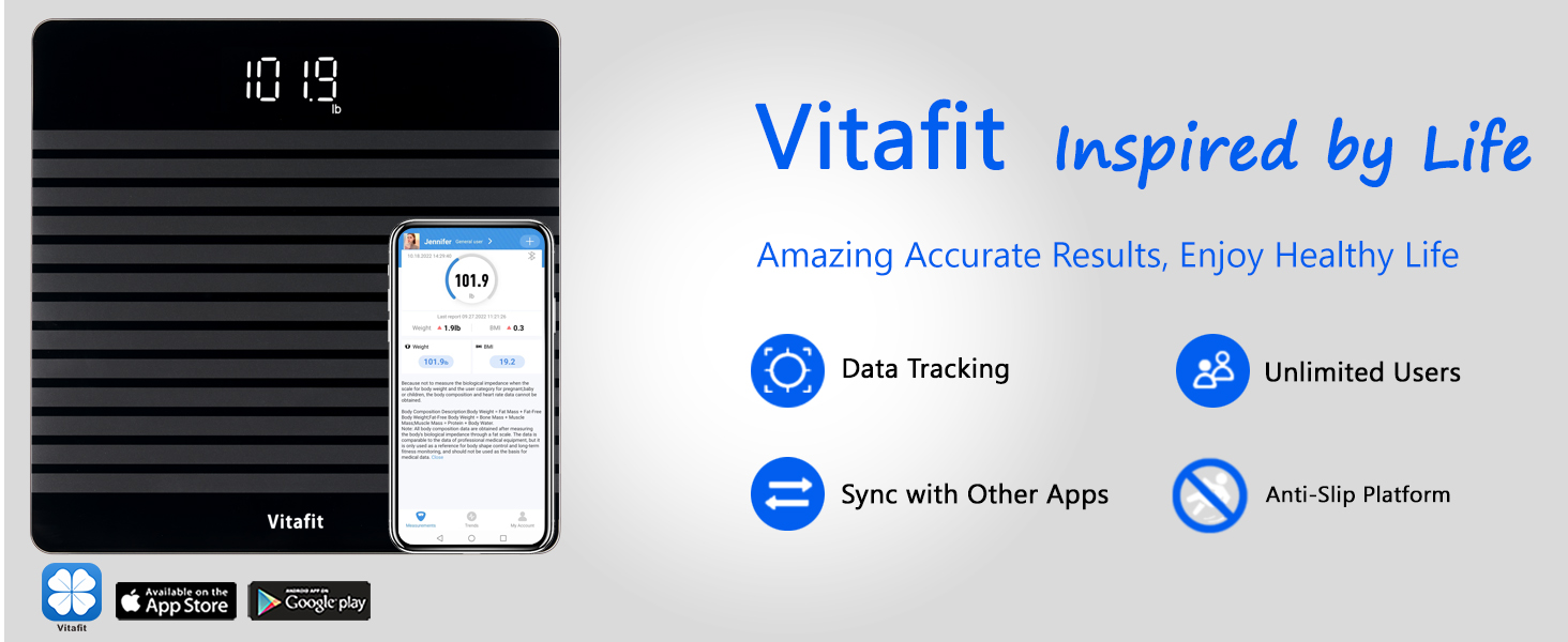 Ваги Vitafit Digital - персональні ваги з визначенням ваги та ІМТ, смарт-ваги з Bluetooth, антиковзаюча платформа, чорного кольору