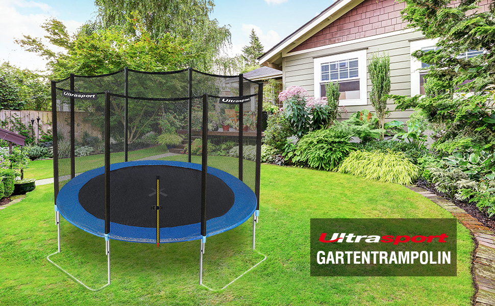 Батут Ultrasport SICHERSTE для дітей на вулицю, діаметр 180-430 см, до 150 кг, безпечне мережеве комплектування, тиха пружина, блакитний, для саду