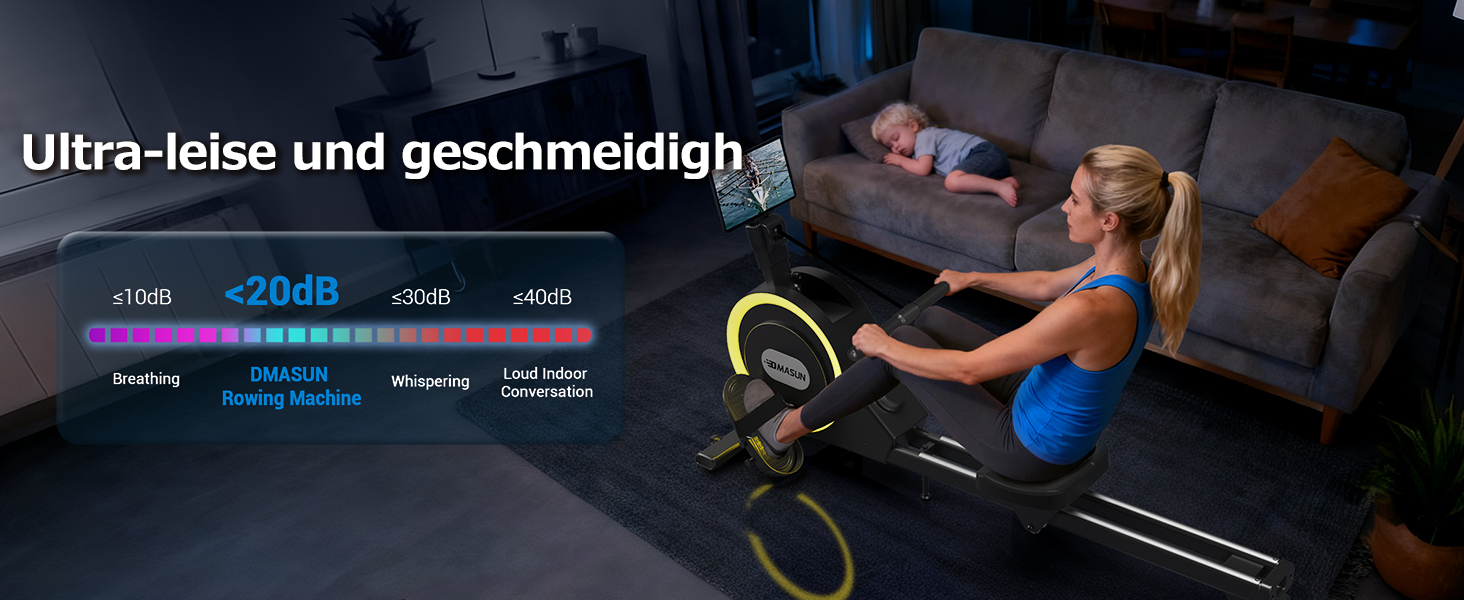 Гребний тренажер DMASUN для дому, [Нова модель 2026] з магнітною системою, покращені рейки подвійного ходу, тиха робота, 16/32 рівні опору, LCD-дисплей, до 160 кг, чорний
