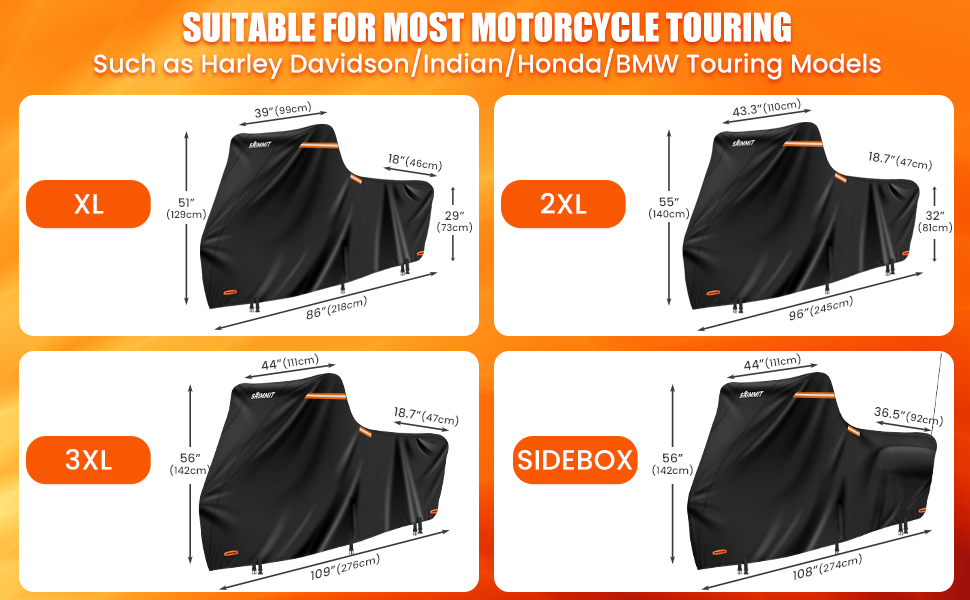 Накладна щільна мотоциклетна накидка Motorrad Abdeckplane Indoor & Outdoor, 420D, для туристичних моделей, Road King, чорно-помаранчевого кольору, водонепроникна, захист від дощу та УФ-променів, пилезахисна (2XL 245x110x140CM)