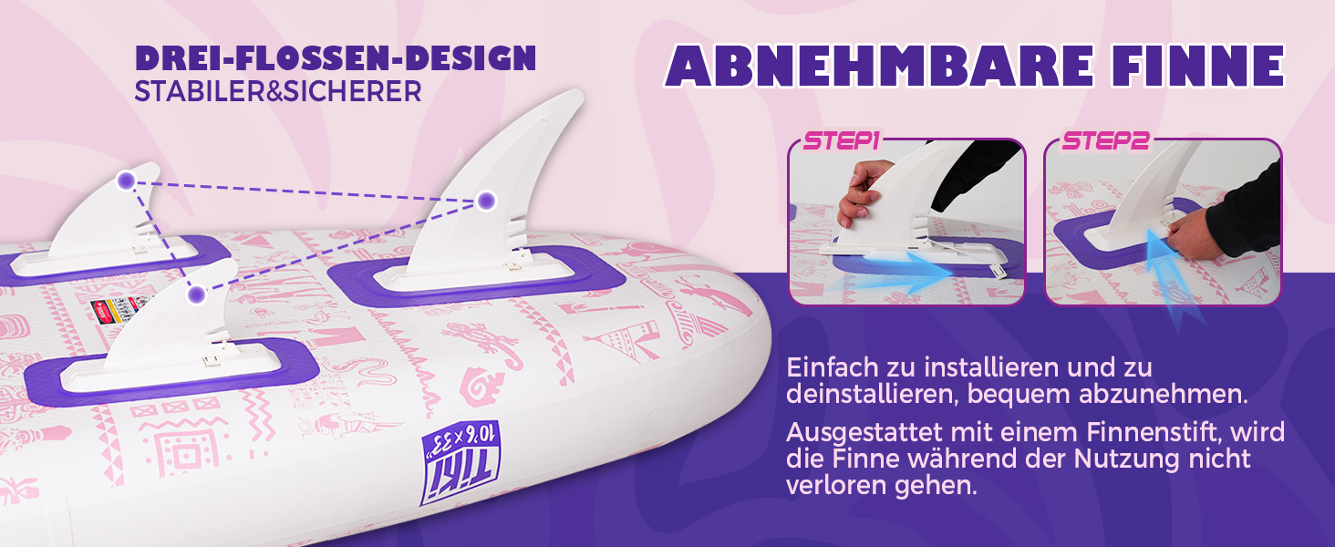 Надувний SUP Борд FunWater 10'6'-11'6' – для початківців та сімей, з антиковзким EVA-деком, веслом, насосом та аксесуарами (10'6-TIKI-Pink/Violett/Weiß)