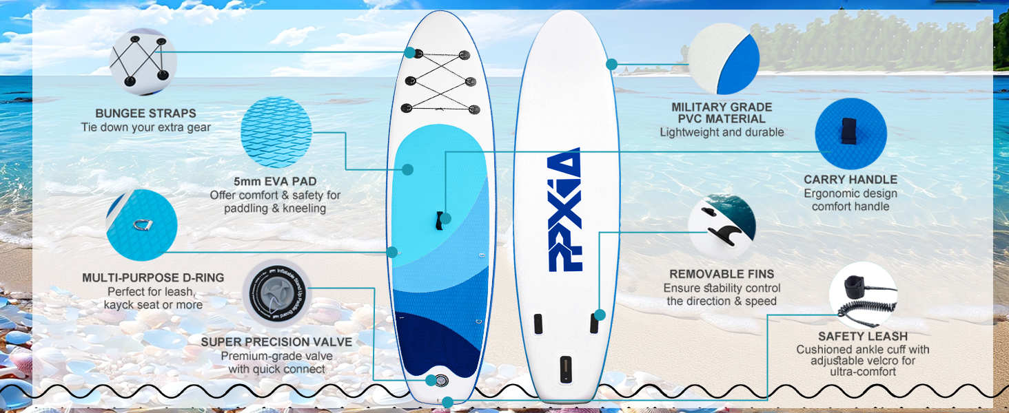 Надувне SUP-борд Stand Up Paddling з сидінням, для дітей та дорослих, вантажопідйомність до 200 кг, аксесуари, блакитний (320 x 82 x 15 см)